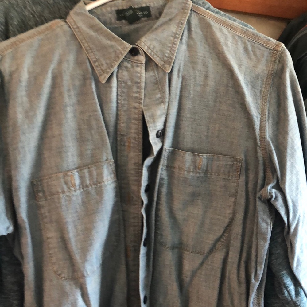 Light blue, denim, long sleeve, button up shirt